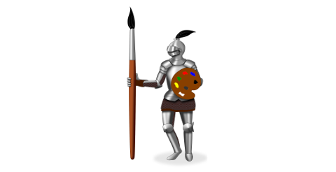 Digital painting of a knight armed with a paintbrush and a palette.