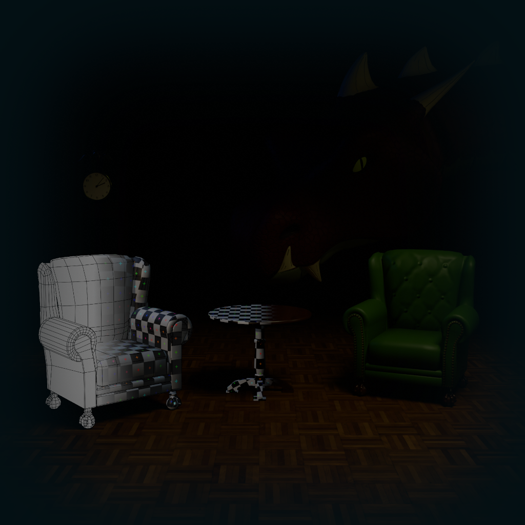 An image of some armchairs and a side table in various stages of modelling and texturing.
